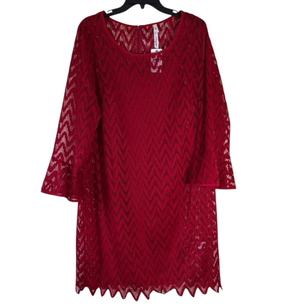 NY Collection‎ Dress Red Lace Midi Scalloped Hemline Bell Sleeve Sz 1X  NWT